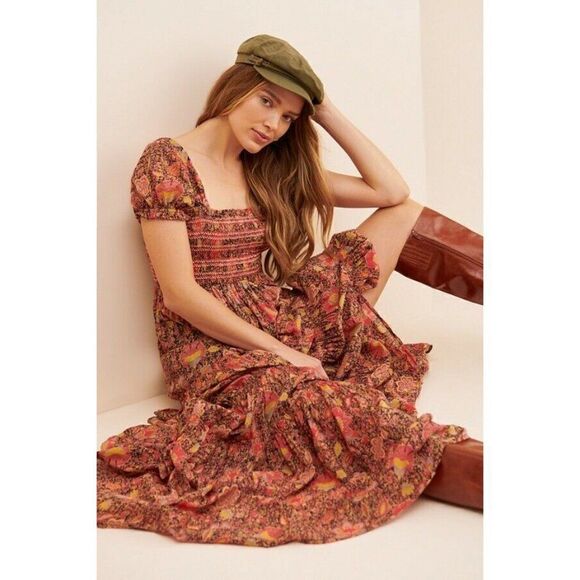 NEW FREE PEOPLE THE GETAWAY SMOCKED TIERED MAXI DRESS RED COMBO - Picture 1 of 5